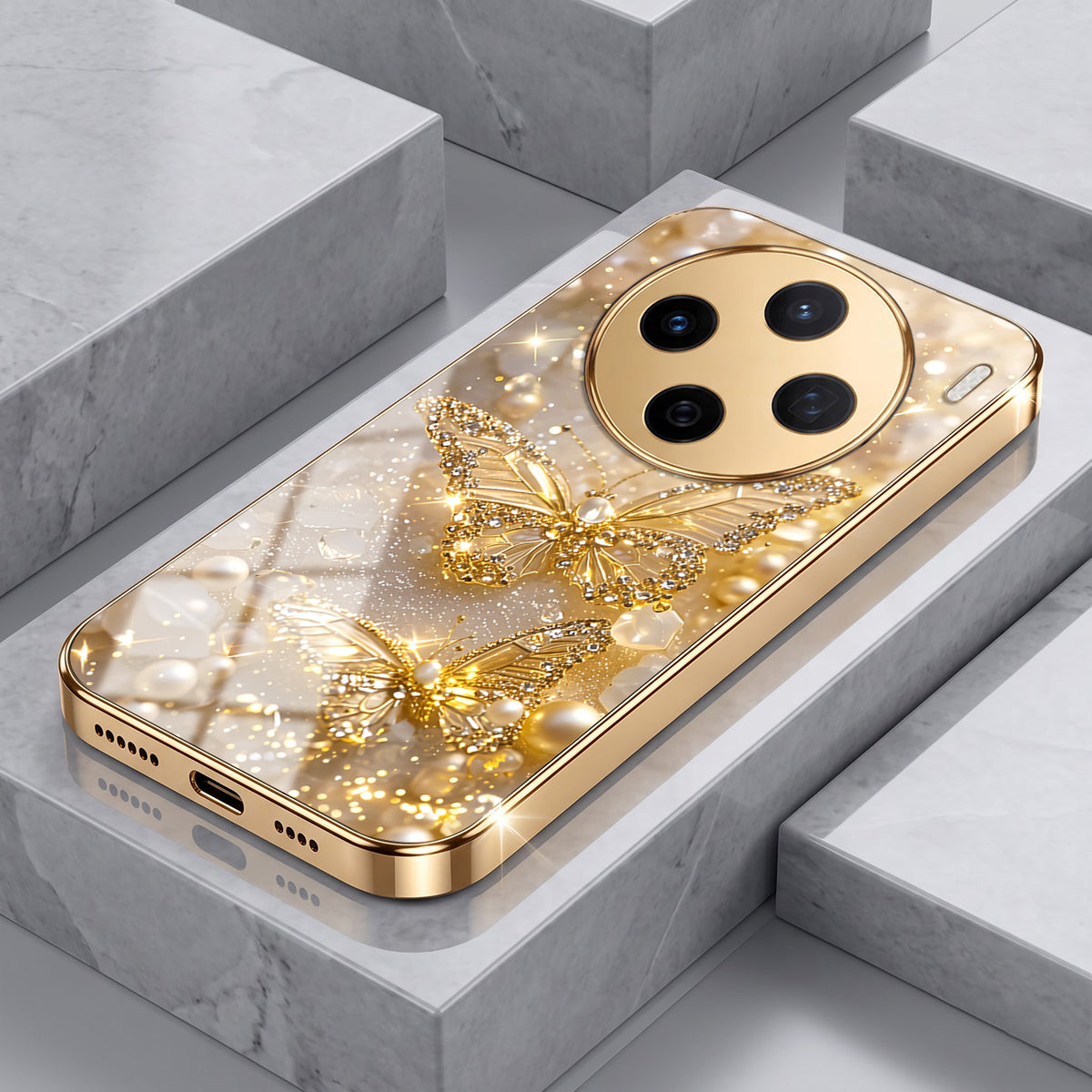 Vivo X200 5G Golden Butterfly Gold Electroplated Glass Phone Back Case