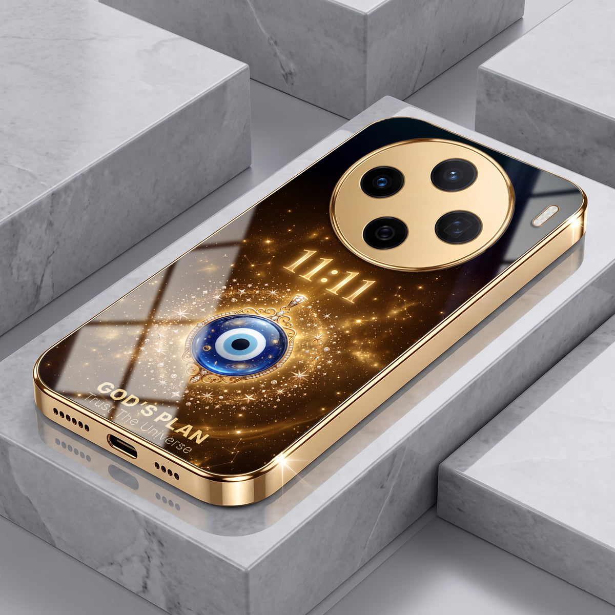 Vivo X200 5G God’s Plan Evil Eye Gold Electroplated Glass Phone Back Case