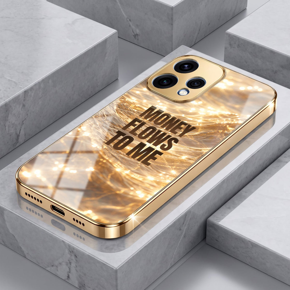 Oppo Reno 15 5G Money Flows To Me Gold Electroplated Glass Phone Back Case