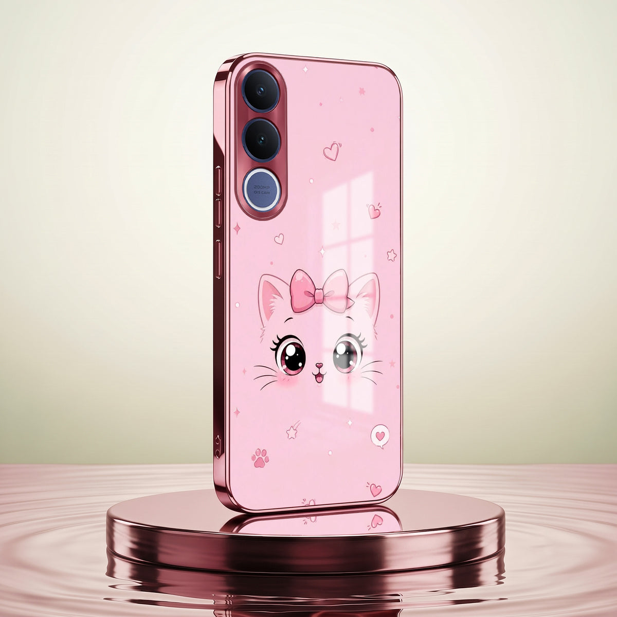 Vivo V70 FE 5G Luxury Cute Cat Pink Electroplated Glass Phone Back Case