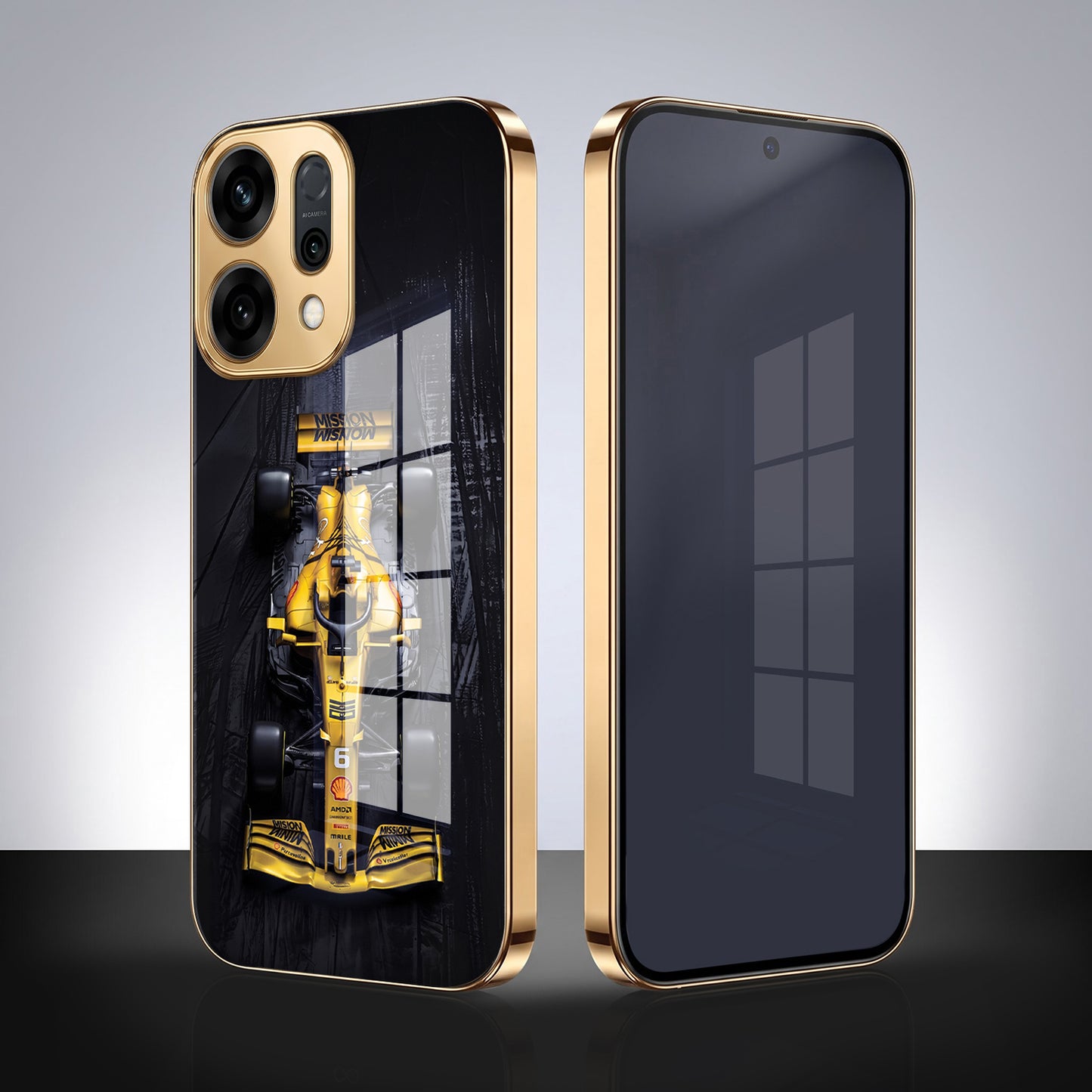 Oppo Reno 14 5G F1 Racing Car Gold Electroplated Glass Phone Back Case