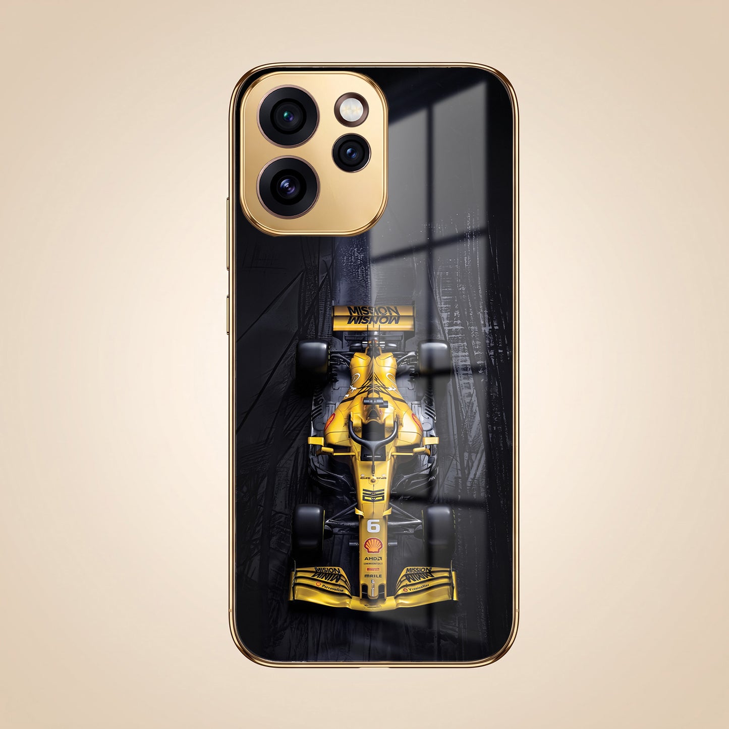 Oppo Reno 15 Pro Mini 5G F1 Racing Car Gold Electroplated Glass Phone Back Case