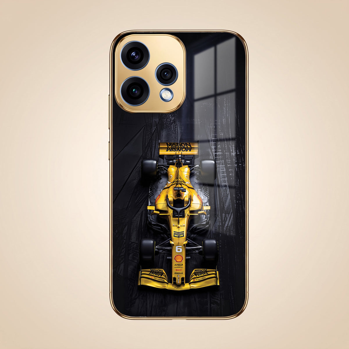 Oppo Reno 15 5G F1 Racing Car Gold Electroplated Glass Phone Back Case