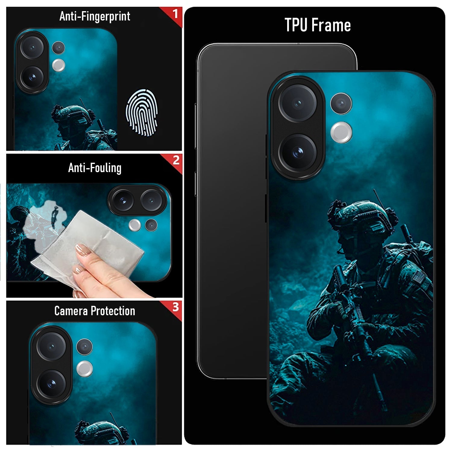 Vivo V60 5G Phone case with soldier design and feature highlights on a black background