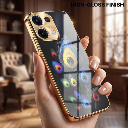 Oppo Reno 13 5G Premium Peacock Feather Gold Electroplated Glass Phone Back Case