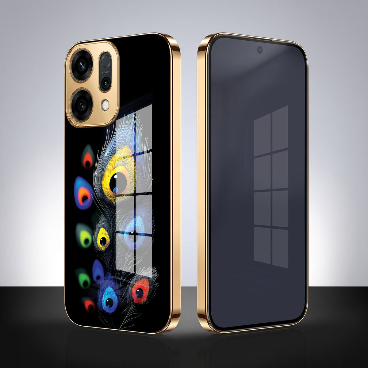 Oppo Reno 14 5G Premium Peacock Feather Gold Electroplated Glass Phone Back Case