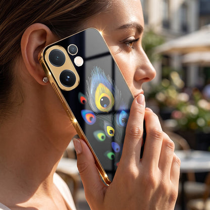 Vivo V60 5G Premium Peacock Feather Gold Electroplated Glass Phone Back Case