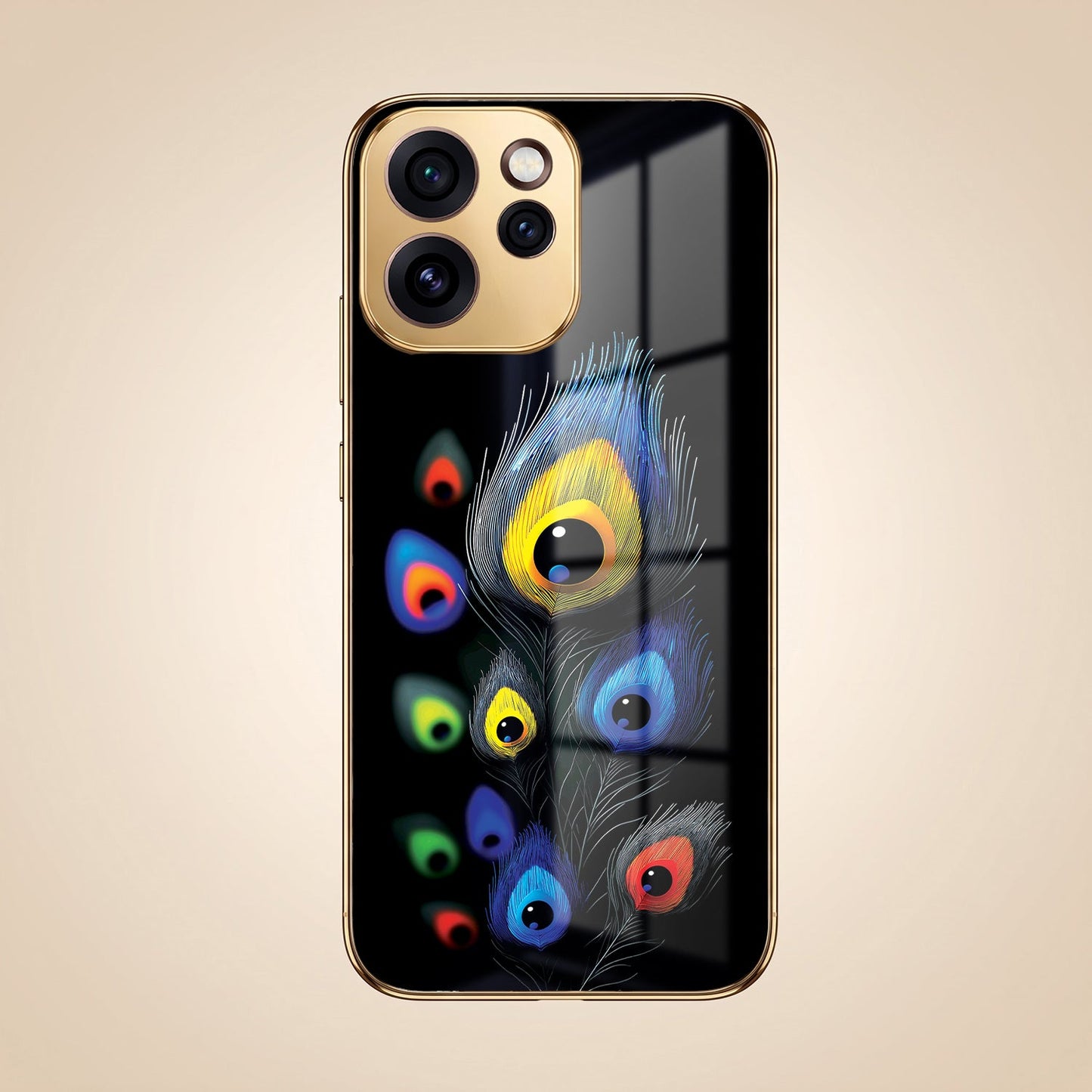 Oppo Reno 15 Pro Mini 5G Premium Peacock Feather Gold Electroplated Glass Phone Back Case