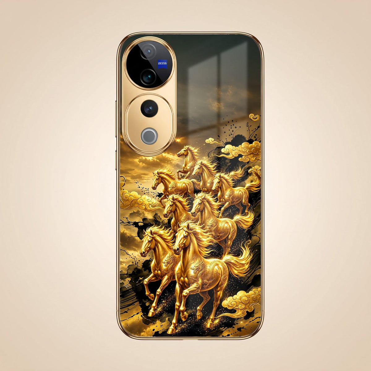 Vivo V40 Pro 5G Celestial Seven Horses Gold Electroplated Glass Phone Back Case