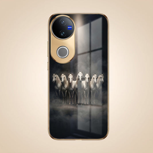 Vivo V50 5G Running Horses Gold Electroplated Glass Phone Back Case