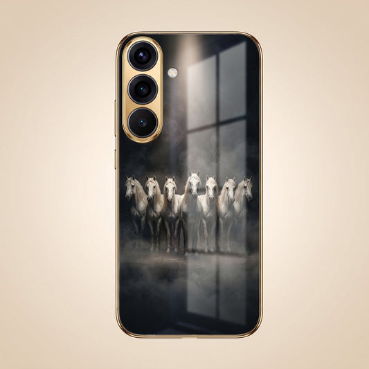 Samsung Galaxy A56 5G Running Horses Gold Electroplated Glass Phone Back Case