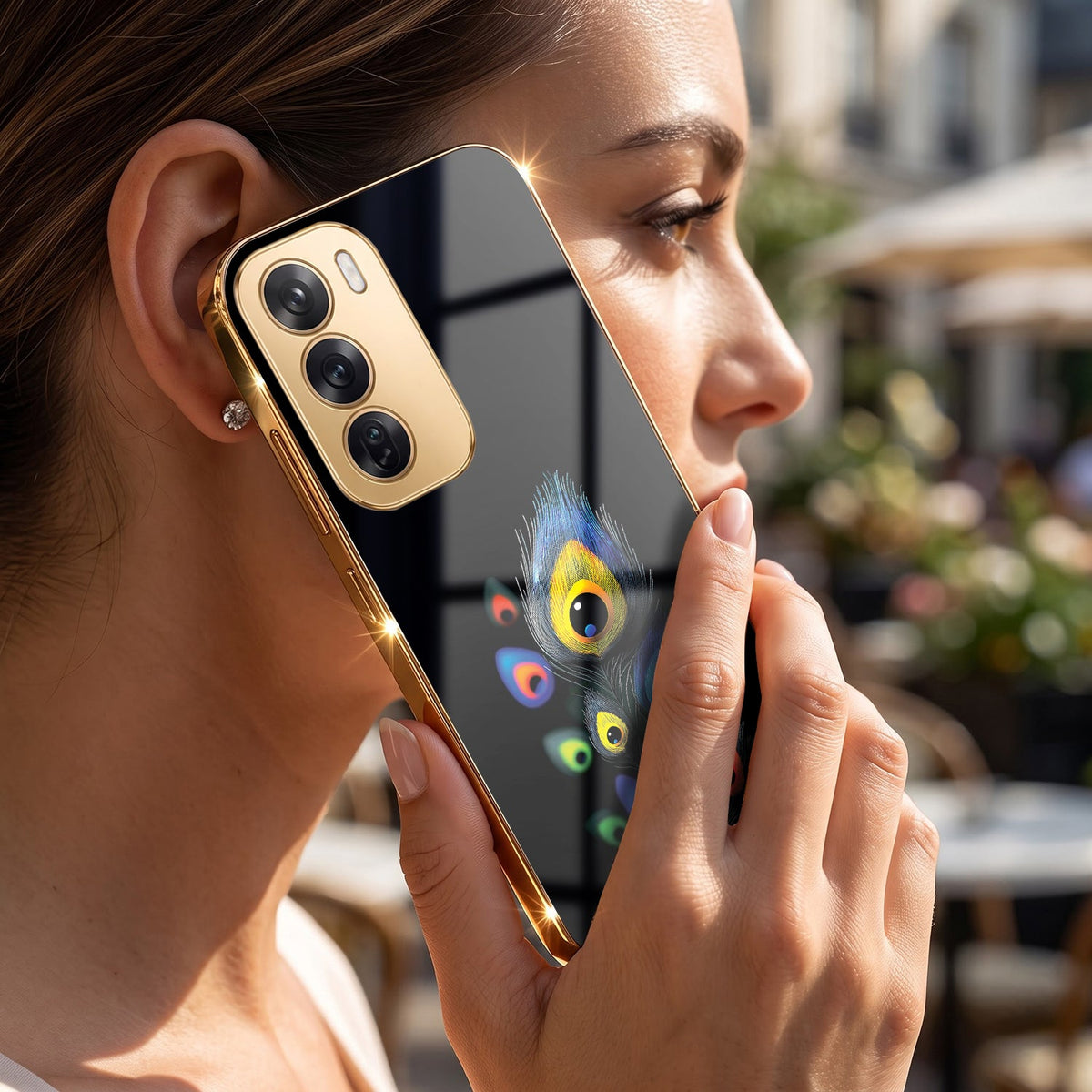 Oppo Reno 12 Pro 5G Multi-Feather Peacock Gold Electroplated Glass Phone Back Case