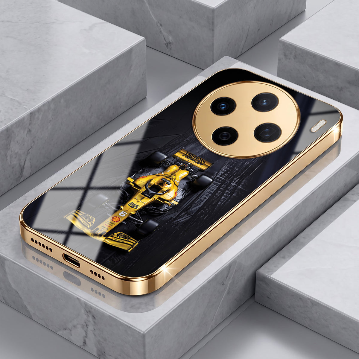 Vivo X200 5G F1 Racing Car Gold Electroplated Glass Phone Back Case
