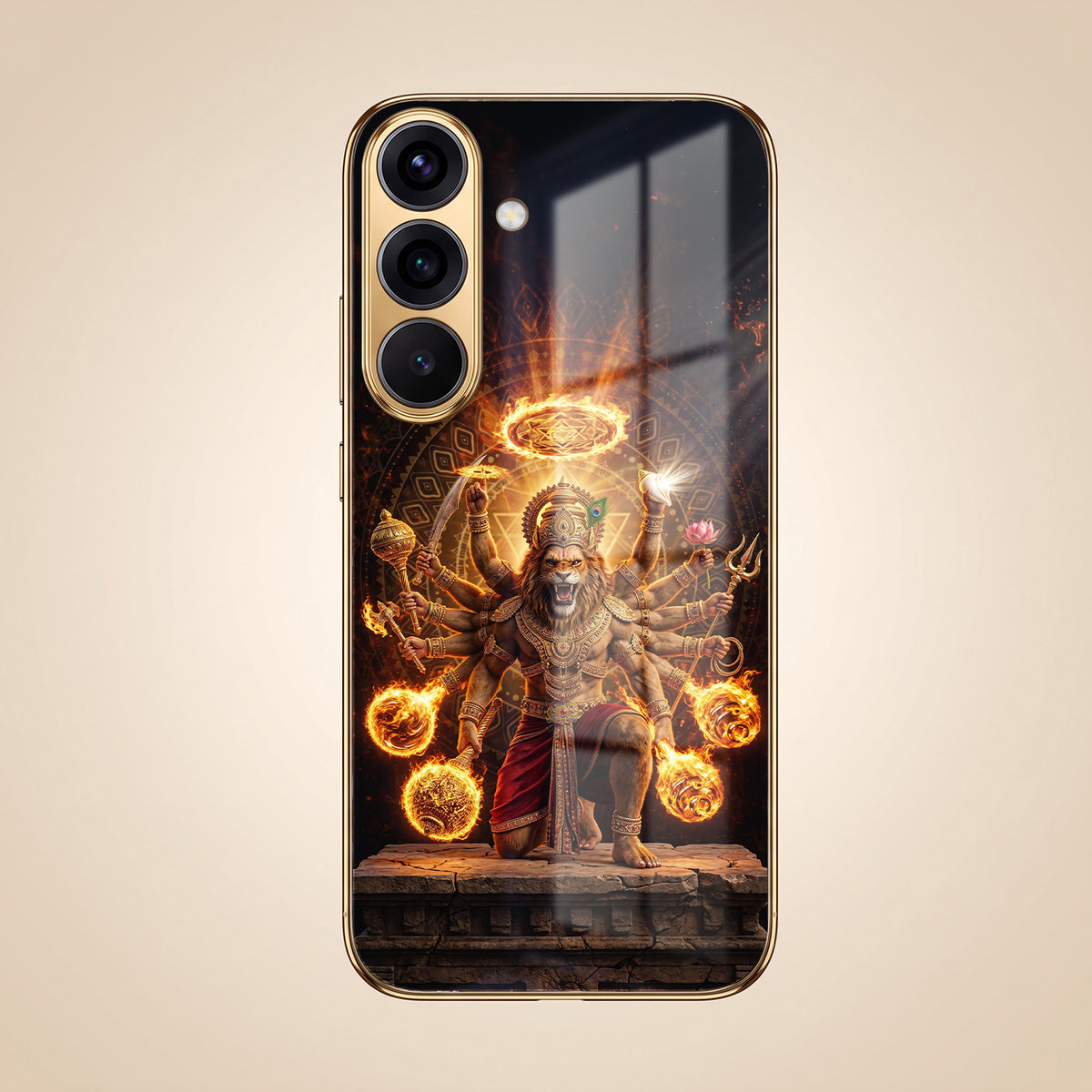 Samsung Galaxy A36 5G Lord Narasimha Gold Electroplated Glass Phone Back Case