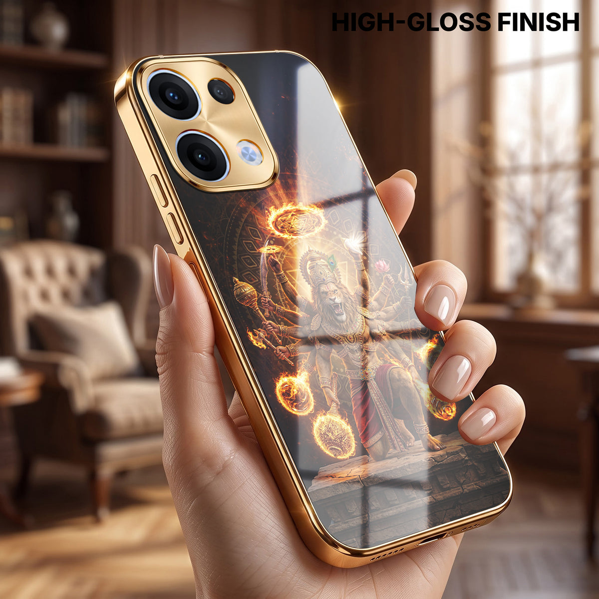 Oppo Reno 13 5G Lord Narasimha Gold Electroplated Glass Phone Back Case