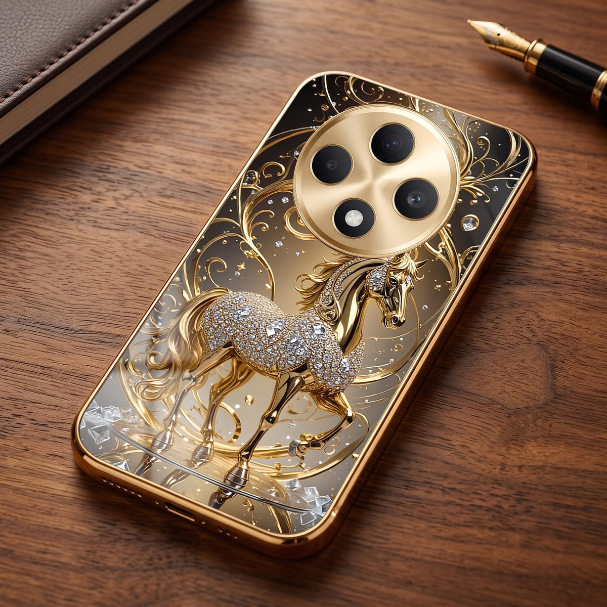 Oppo F27 Pro+ 5G Luxury Horse Texture Gold Electroplated Glass Phone Back Case