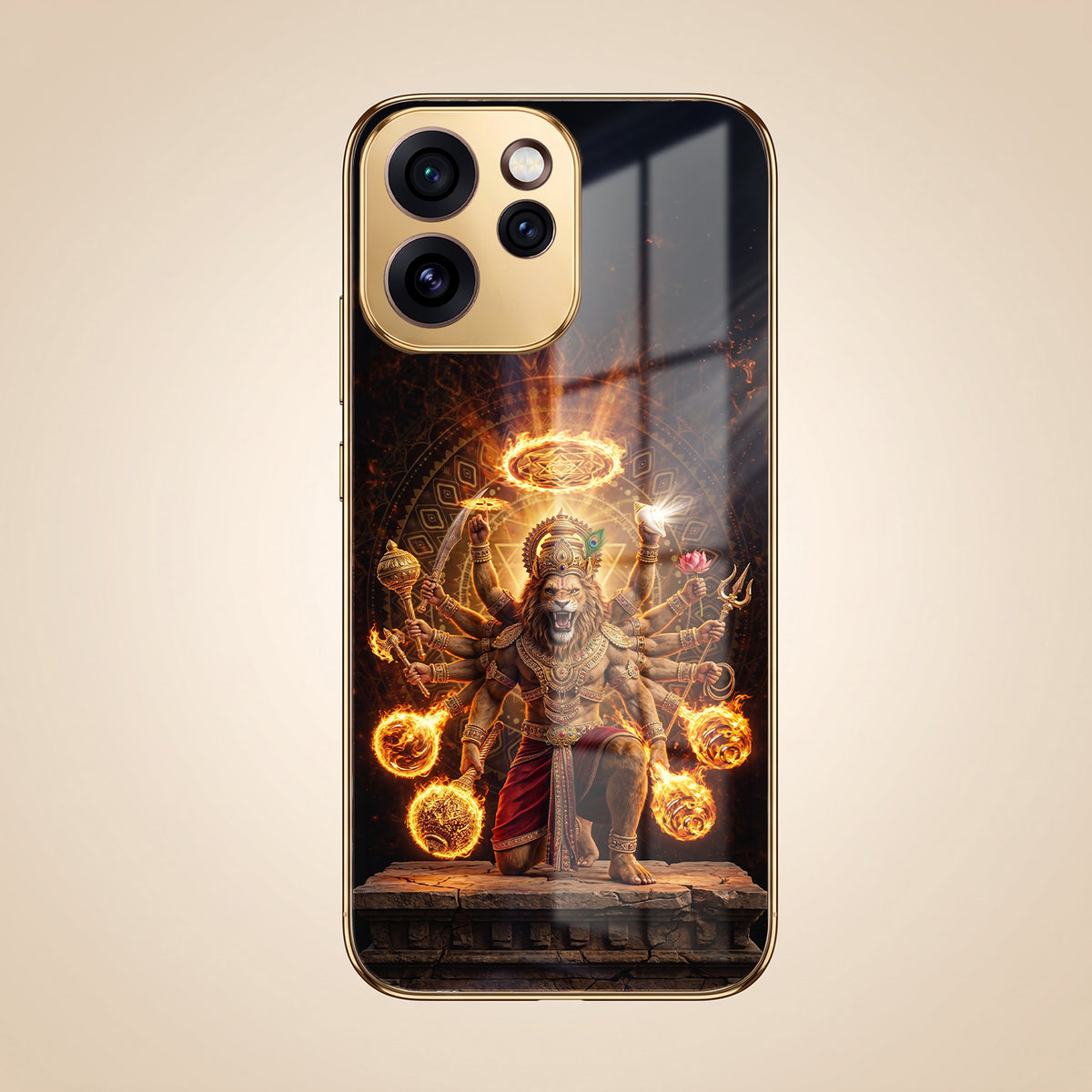 Oppo Reno 15 Pro Mini 5G Lord Narasimha Gold Electroplated Glass Phone Back Case