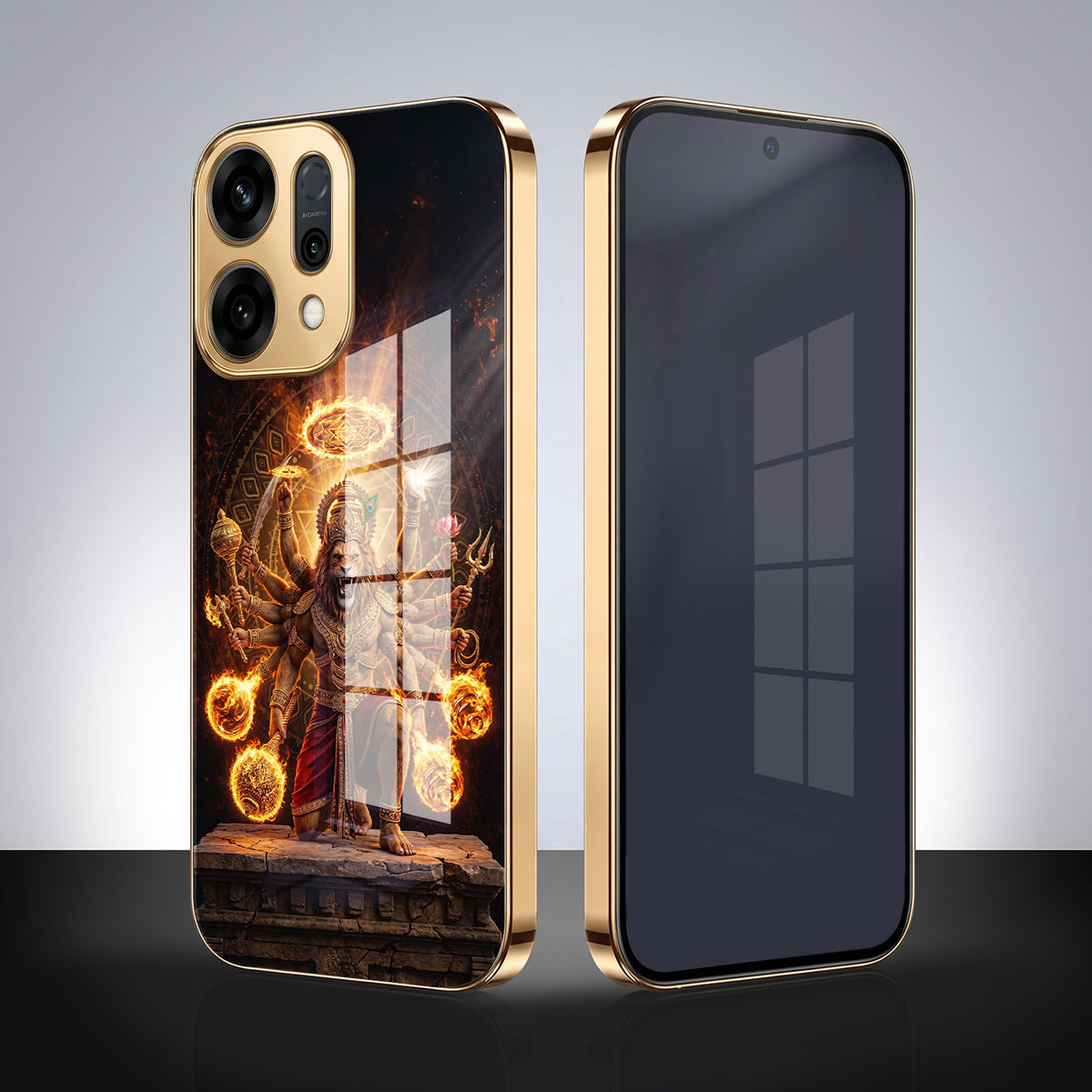 Oppo Reno 14 5G Lord Narasimha Gold Electroplated Glass Phone Back Case