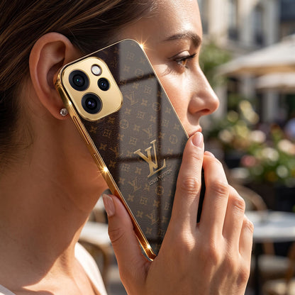 Oppo Reno 15 Pro Mini 5G LV Brown Monogram Gold Electroplated Glass Phone Back Case