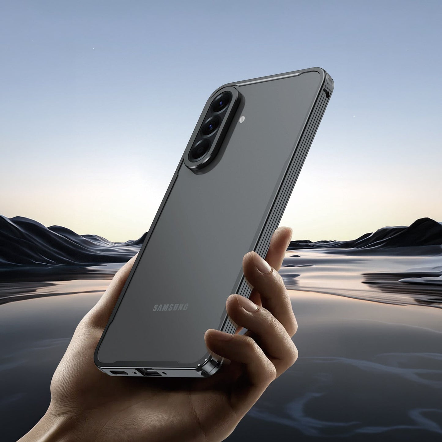 Samsung Galaxy A56 5G Hand holding a Samsung smartphone with a scenic background
