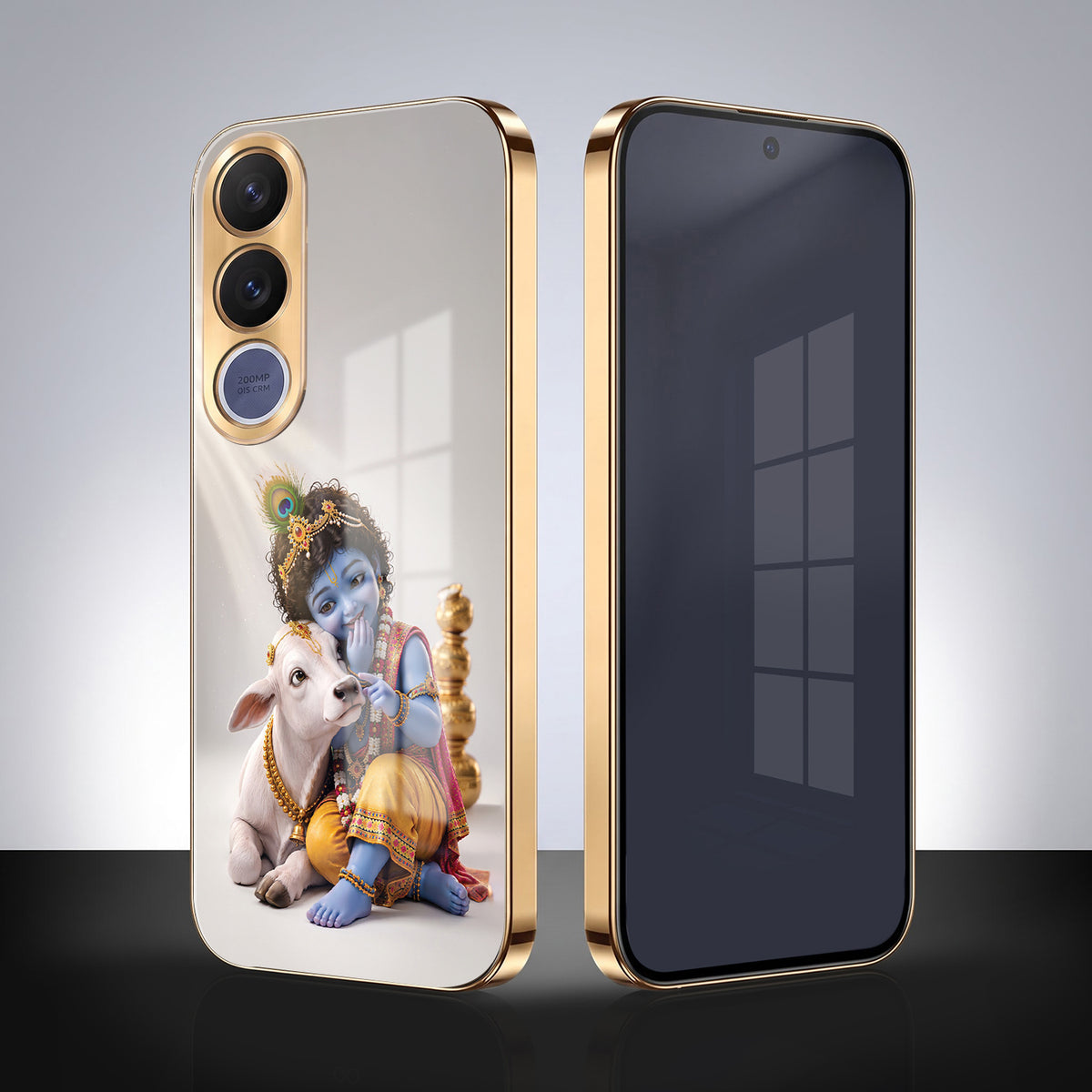 Vivo V70 Fe Bal Krishna Blessings Gold Electroplated Glass Phone Back Case