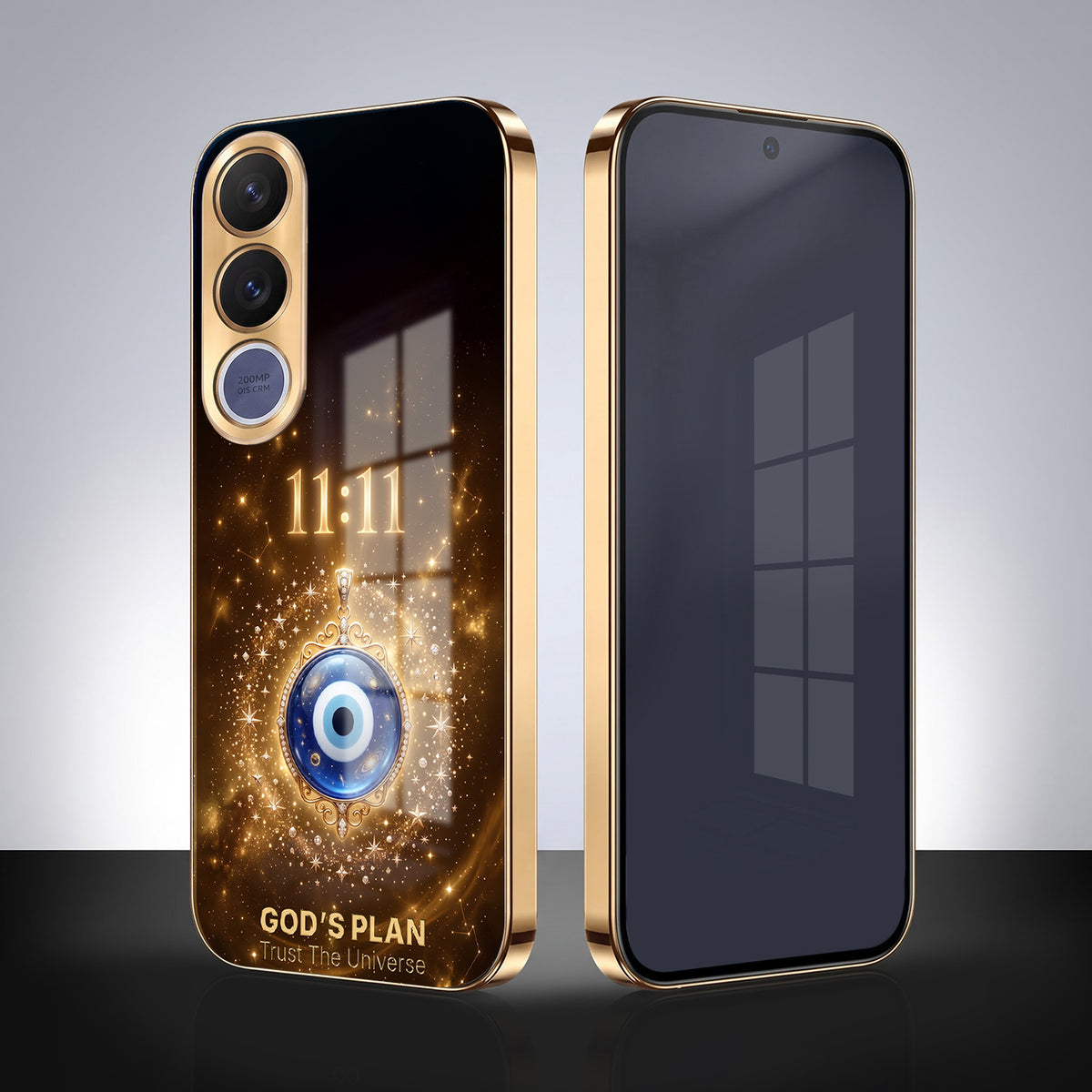 Vivo V70 Fe God’s Plan Evil Eye Gold Electroplated Glass Phone Back Case