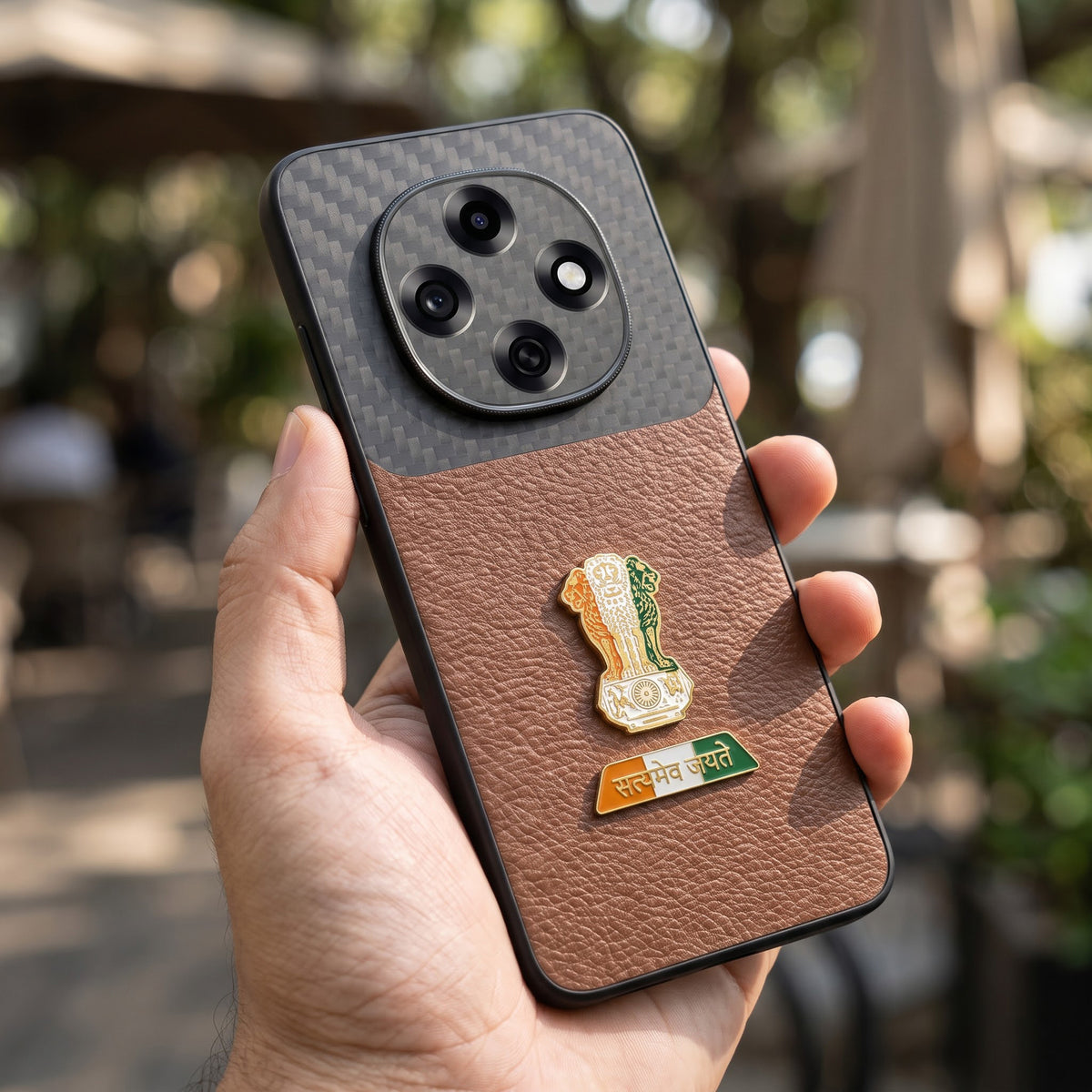Oppo F31 Pro 5G Tri-Color Satyamev Jayate Carbon Fiber Leather Hybrid Phone Case