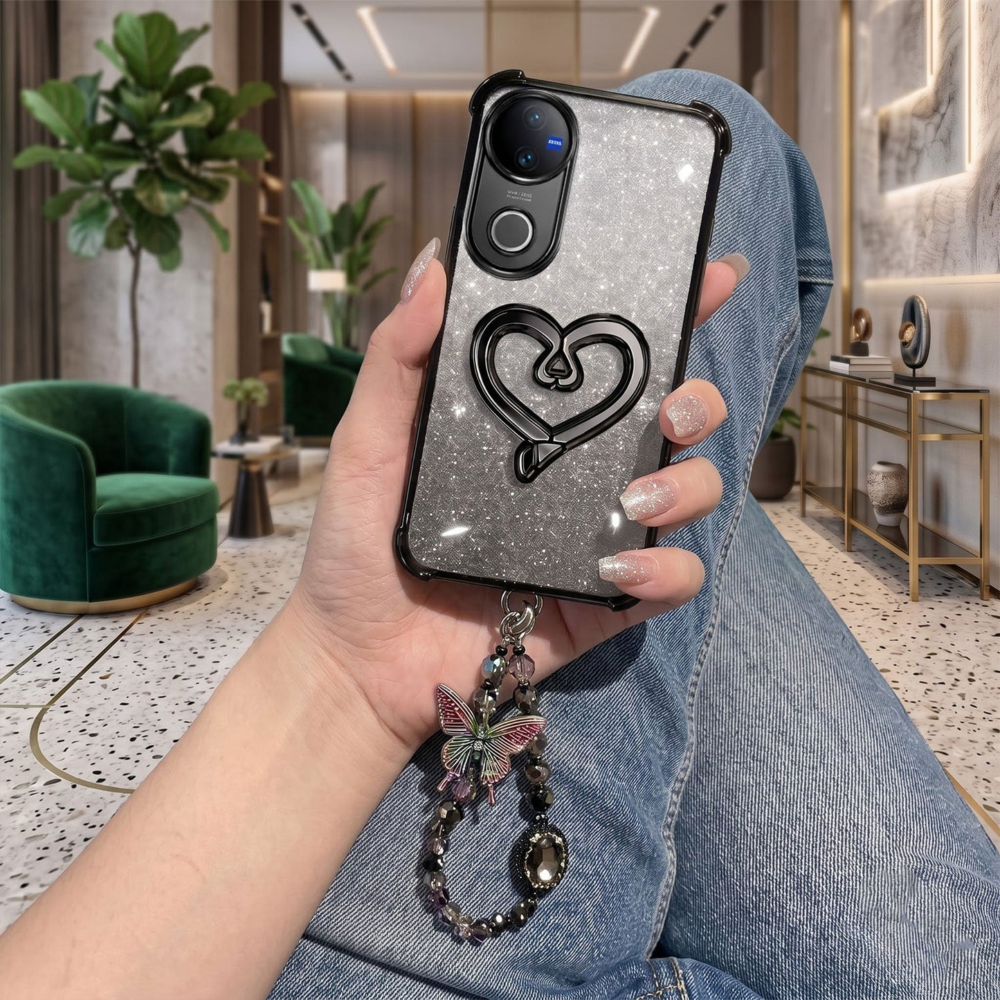 Vivo V50 5G Luxury Shimmer Airbag Heart Stand Case with Charm Strap