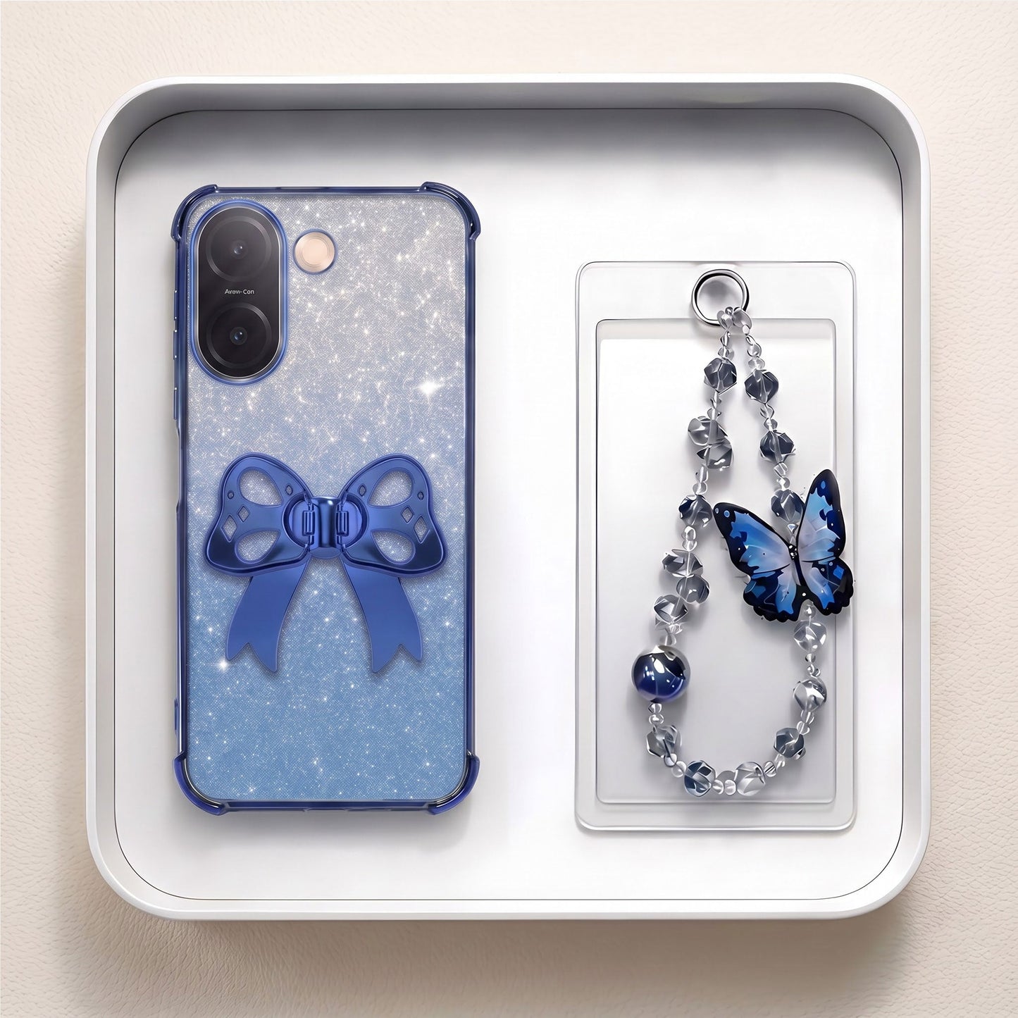 Vivo V60e 5G Luxury Shimmer Airbag Bow Stand Case with Charm Strap