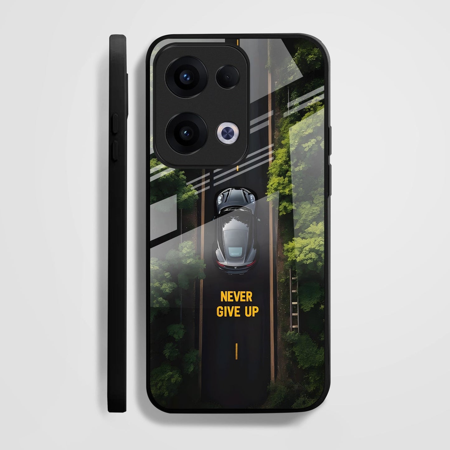 Oppo Reno 13 5G Premium Acrylic Shockproof Glass Back Case (Road Never Give up)