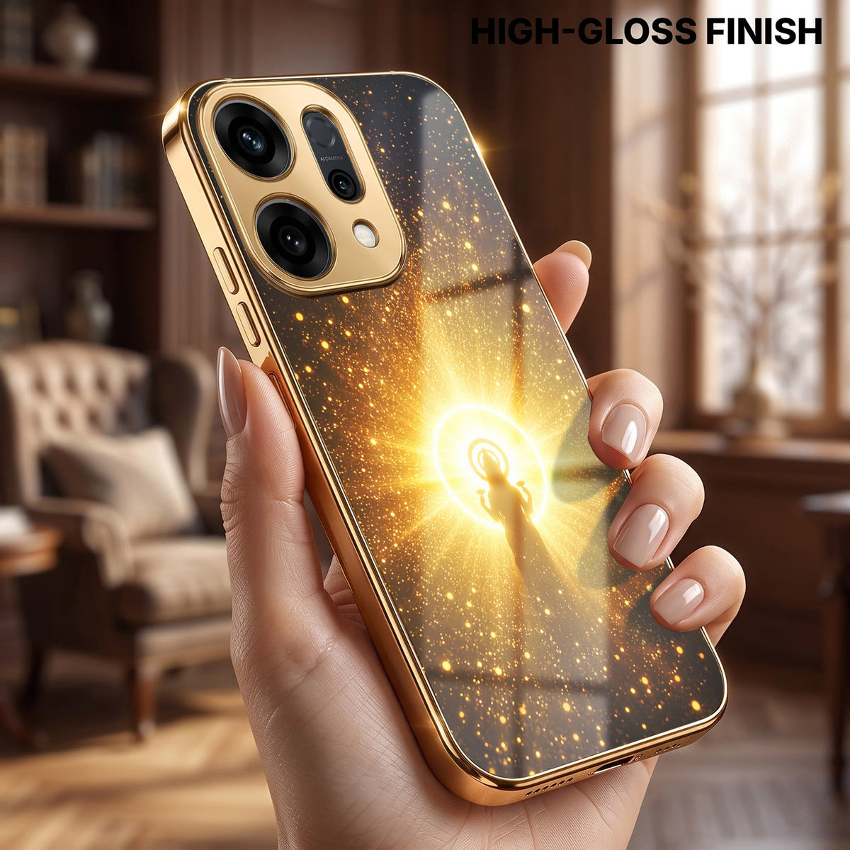 Oppo Reno 14 5G Lakshmi Sacred Gold Electroplated Glass Phone Back Case