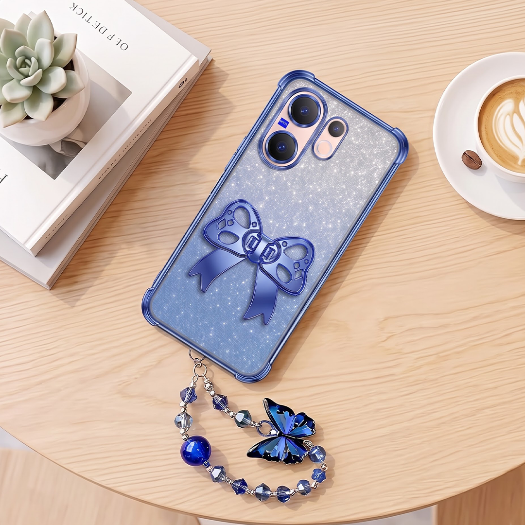 Vivo V60 5G Luxury Shimmer Airbag Bow Stand Case with Charm Strap