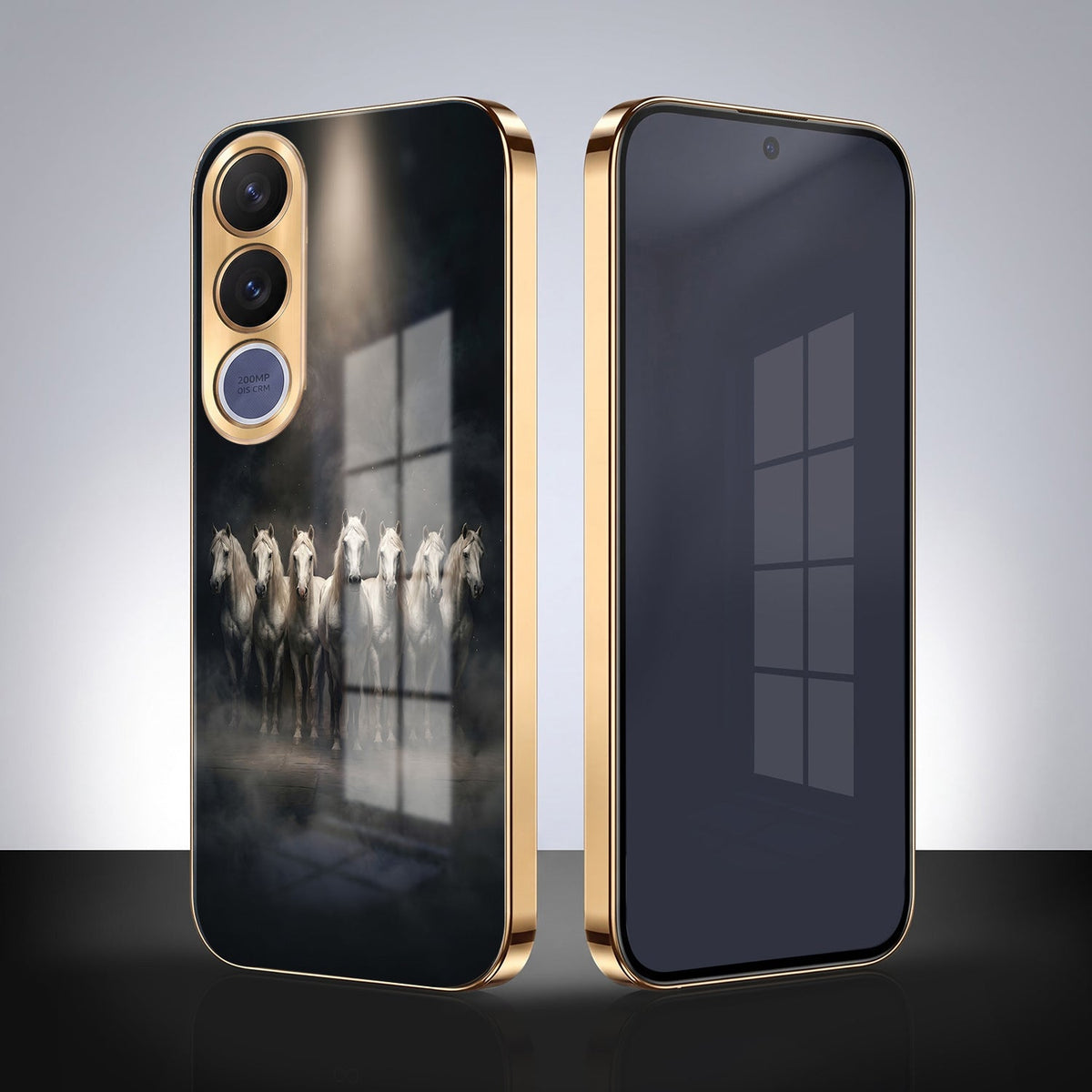 Vivo V70 FE 5G Running Horses Gold Electroplated Glass Phone Back Case