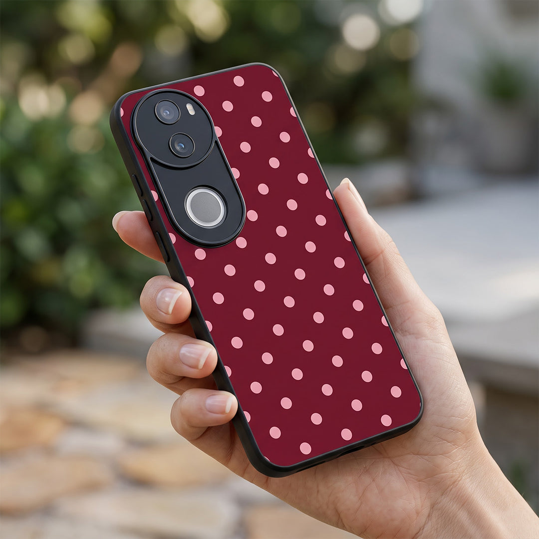 Vivo V50 5G Aesthetic Wine Red & Blush Pink Polka Dot Acrylic Back Cover