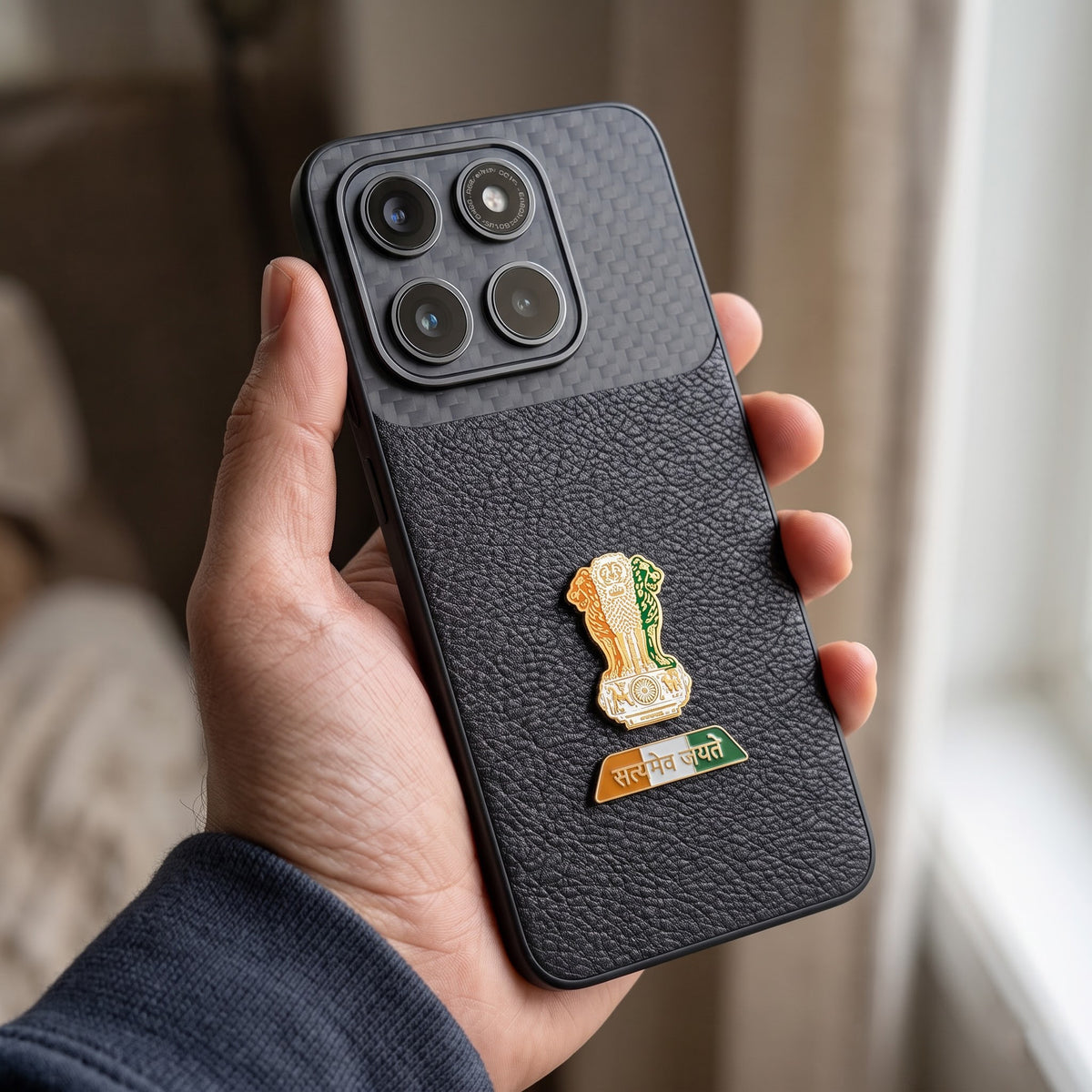 Motorola Edge 70 5G Tri-Color Satyamev Jayate Carbon Fiber Leather Hybrid Phone Case