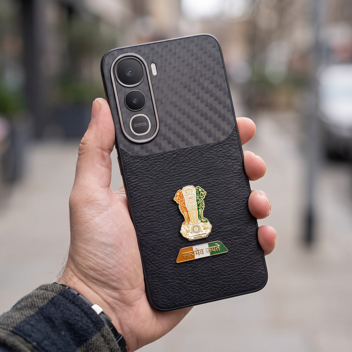 Vivo Y400 Pro 5G Tri-Color Satyamev Jayate Carbon Fiber Leather Hybrid Phone Case