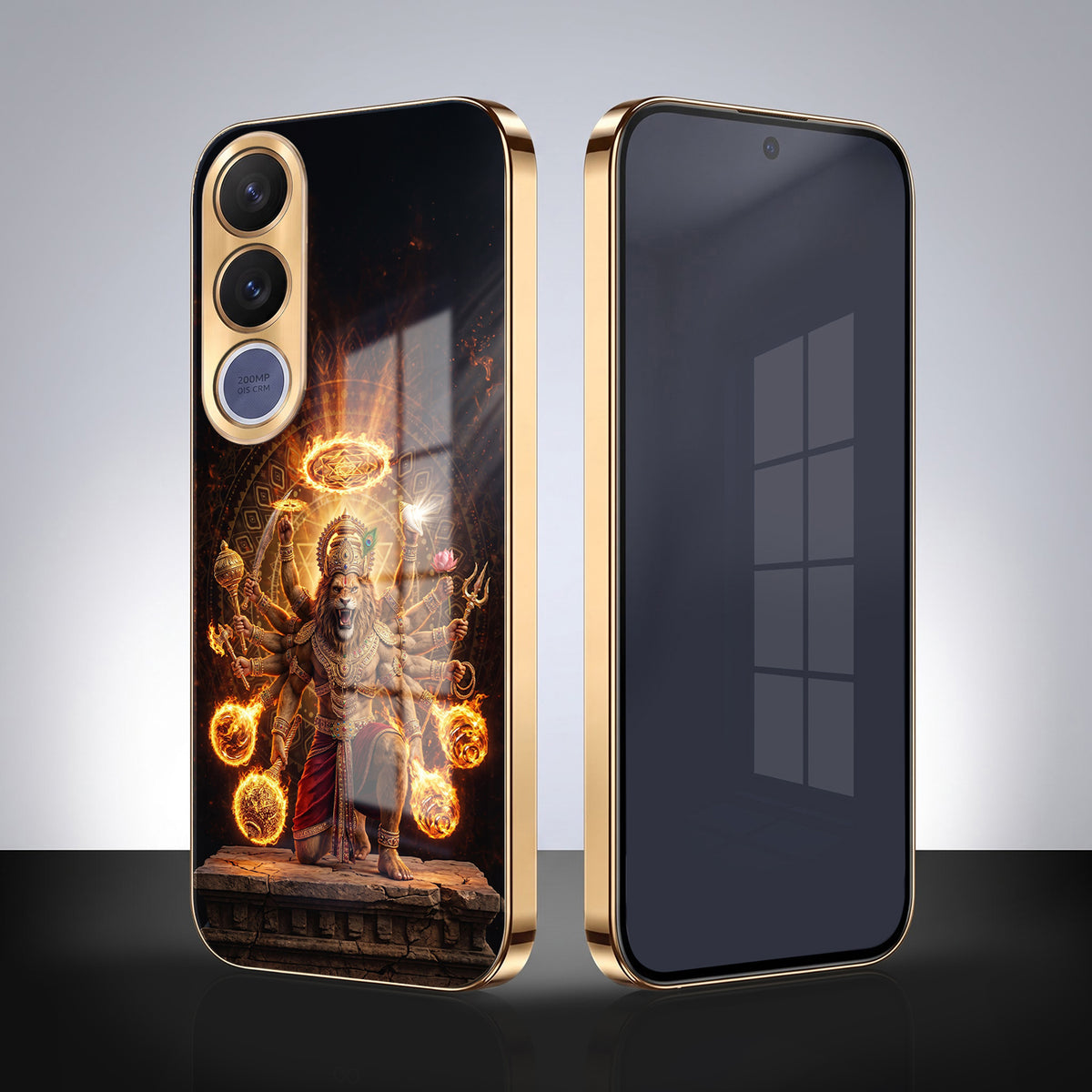 Vivo V70 FE 5G Lord Narasimha Gold Electroplated Glass Phone Back Case