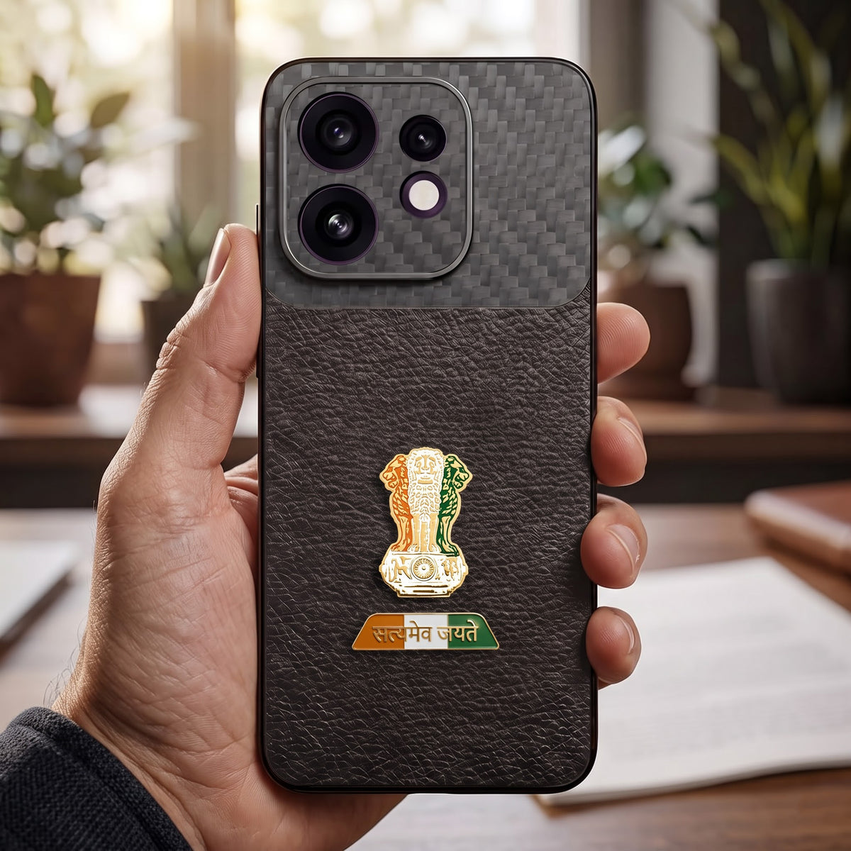 Oppo Reno 16 5G Tri-Color Satyamev Jayate Carbon Fiber Leather Hybrid Phone Case