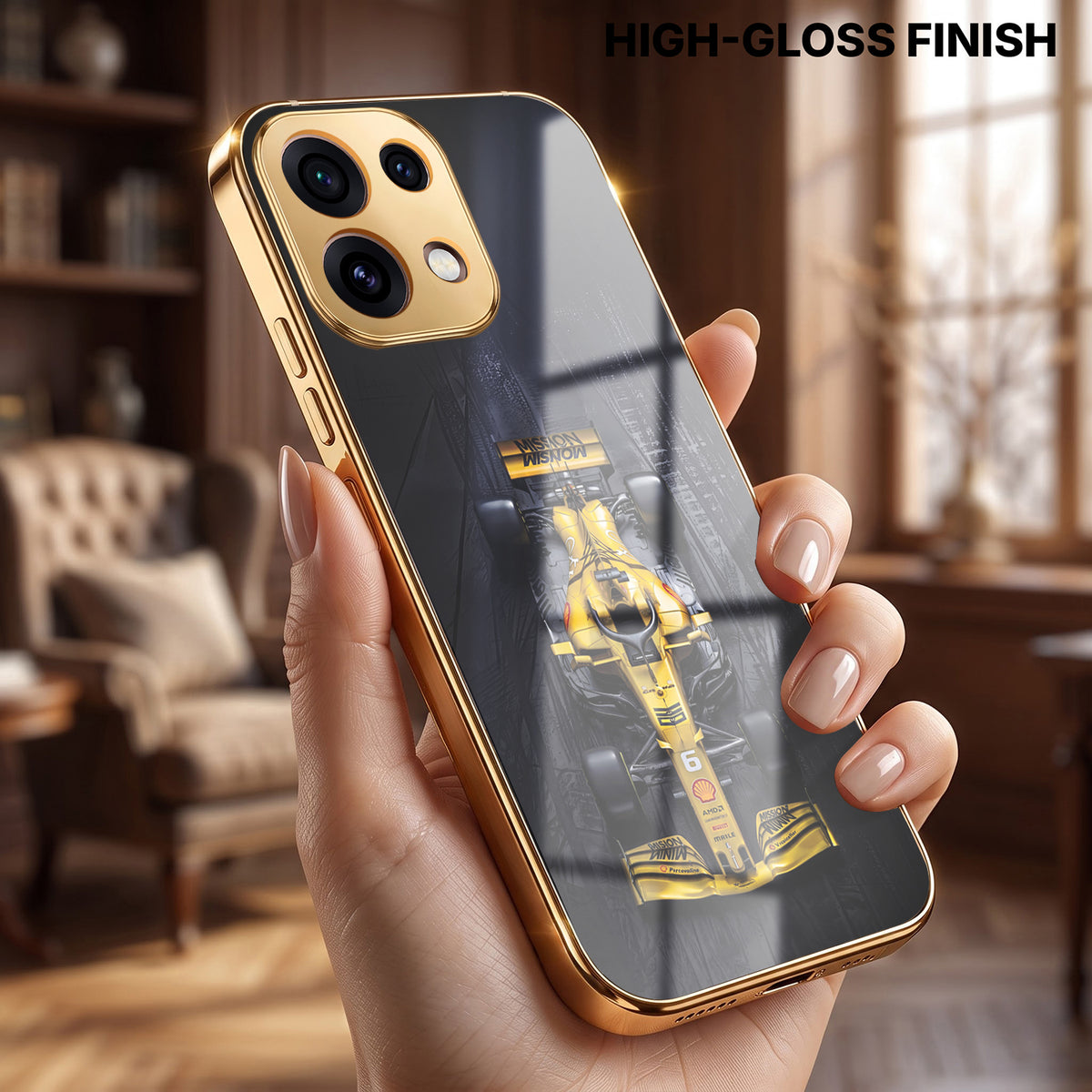 Oppo Reno 16C 5G F1 Racing Car Gold Electroplated Glass Phone Back Case