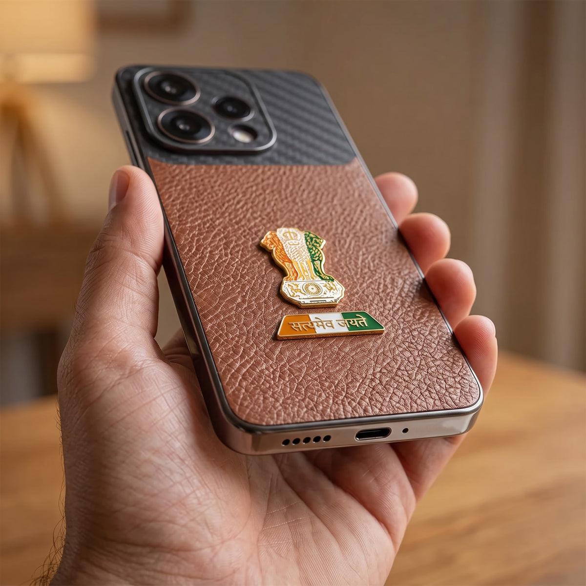 Oppo Reno 15 5G Tri-Color Satyamev Jayate Carbon Fiber Leather Hybrid Phone Case