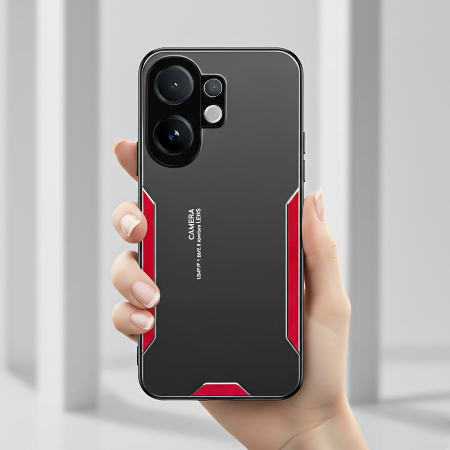 Vivo V60 5G Hand holding a smartphone with a black and red case against a light gray background