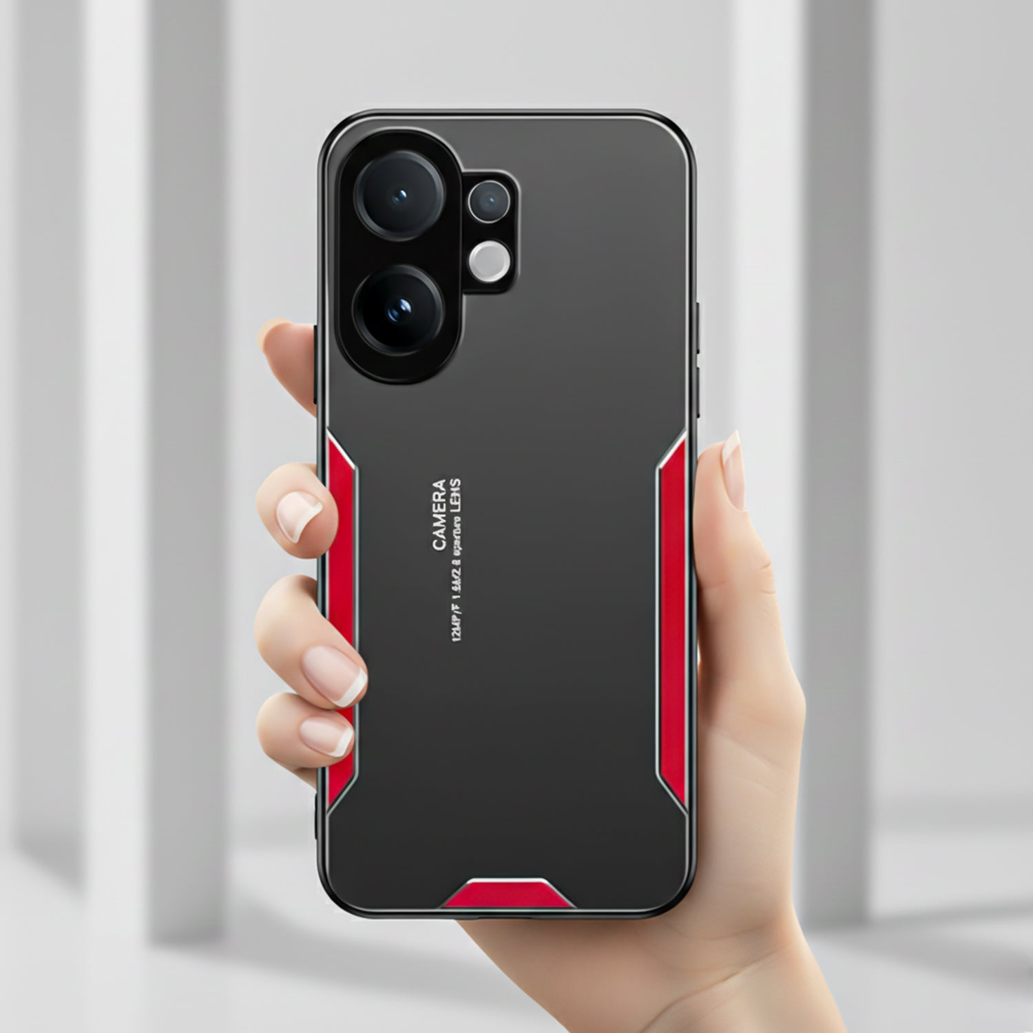 Vivo V60 5G Hand holding a smartphone with a black and red case against a light gray background