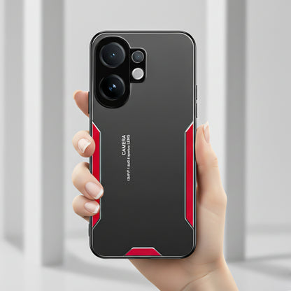 Vivo V60 5G Hand holding a smartphone with a black and red case against a light gray background