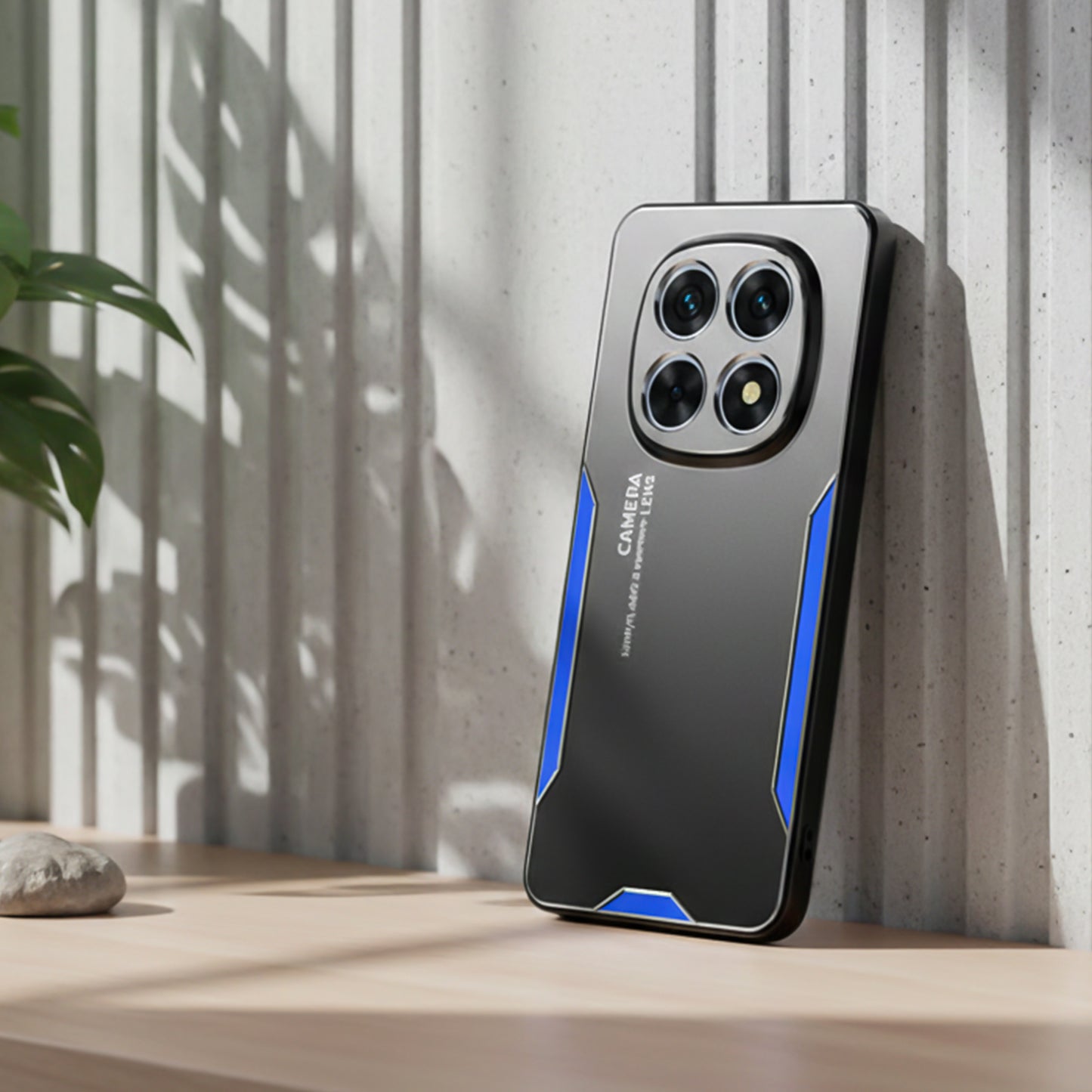 Oppo F29 Pro 5G Luxury Aluminium Metal Frame Protective Case with blue accents on a wooden surface with a light gray wall background