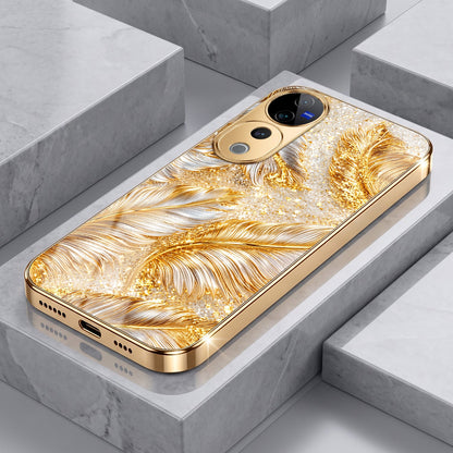Vivo V40 Pro 5G Golden Feather Marble Gold Electroplated Glass Phone Back Case