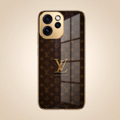 Oppo Reno 15 Pro Mini 5G LV Brown Monogram Gold Electroplated Glass Phone Back Case
