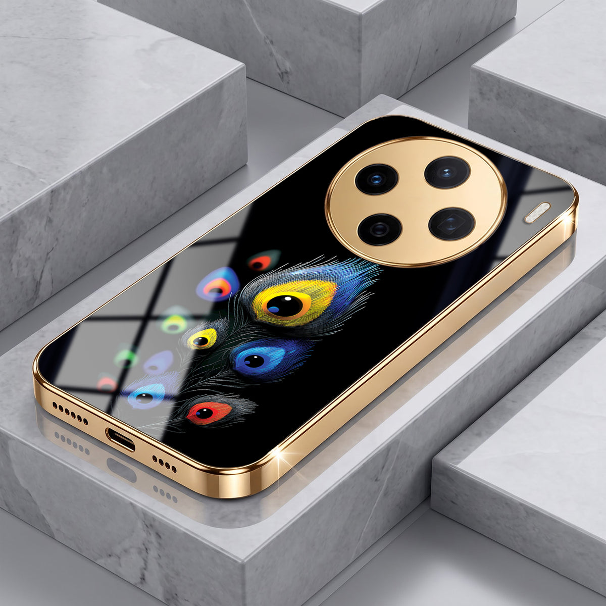 Vivo X200T 5G Multi-Feather Peacock Gold Electroplated Glass Phone Back Case