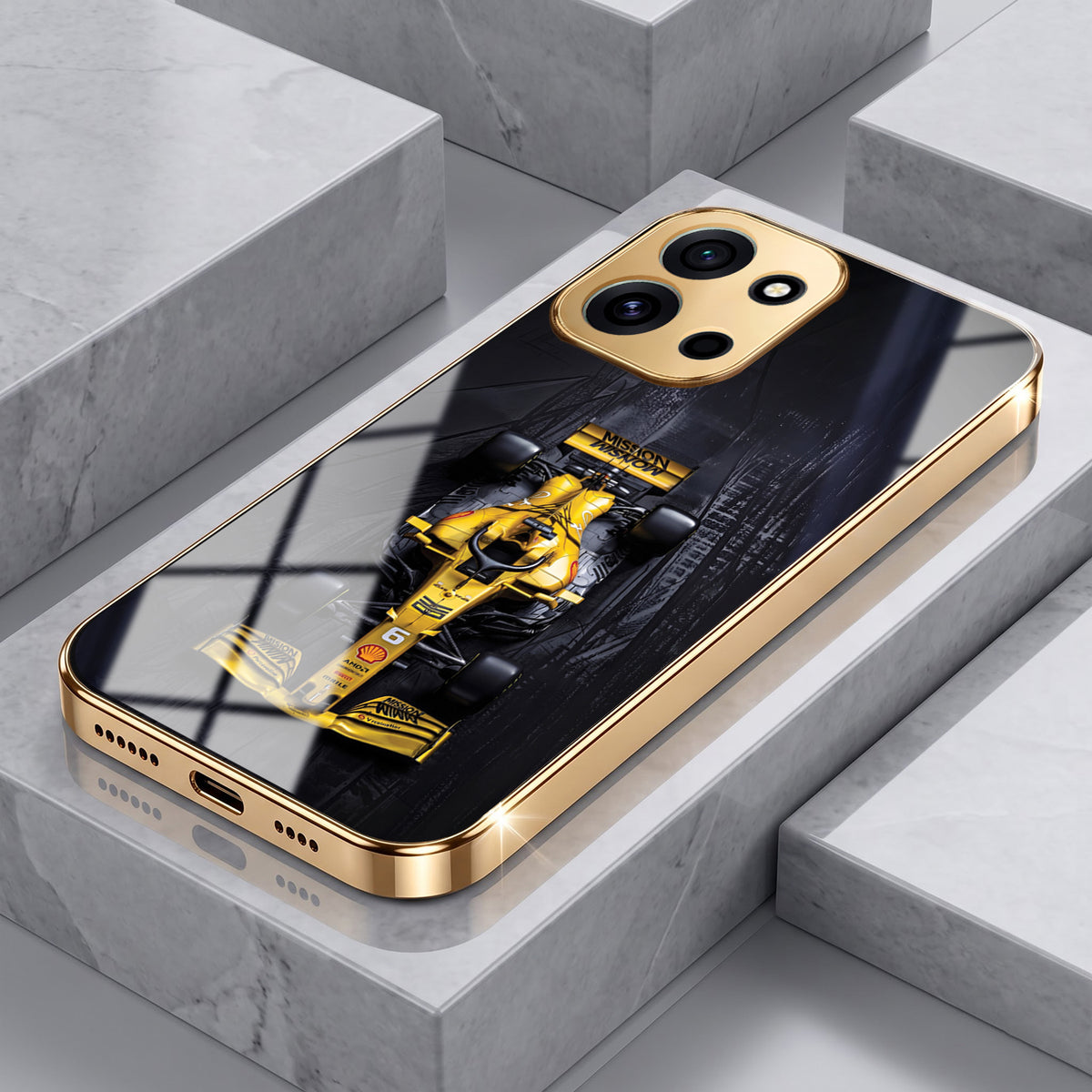 OnePlus Nord 6 5G F1 Racing Car Gold Electroplated Glass Phone Back Case