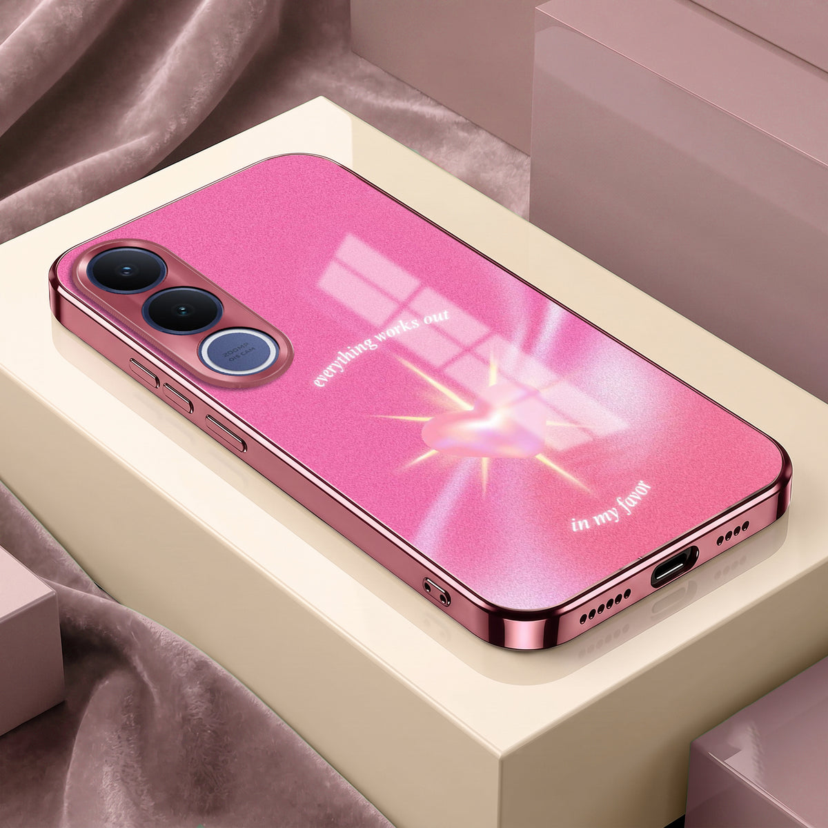 Vivo V70 FE 5G Luxury Glowing Heart Pink Electroplated Glass Phone Back Case