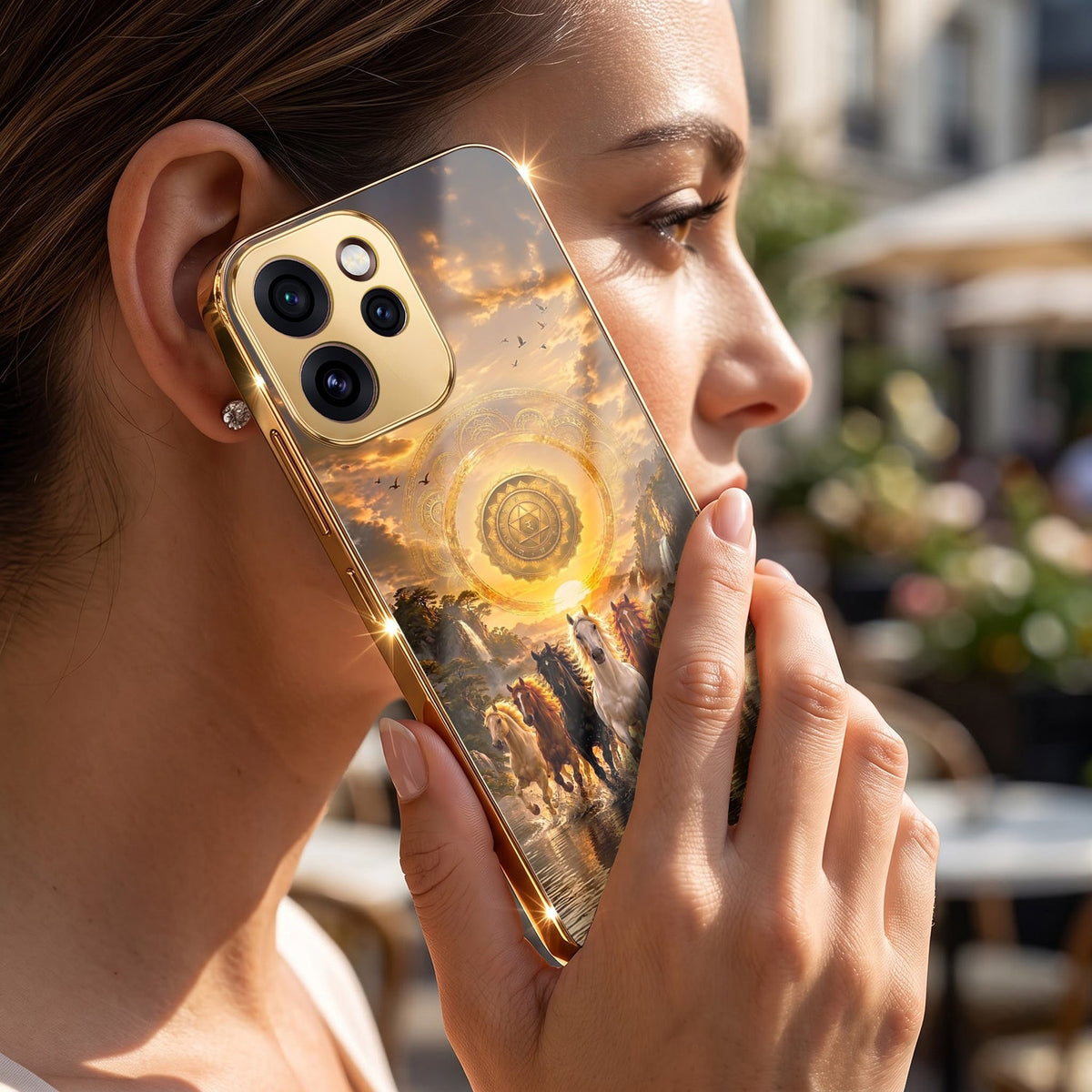 Oppo Reno 15 Pro Mini 5G Celestial Seven Horses Gold Electroplated Glass Phone Back Case